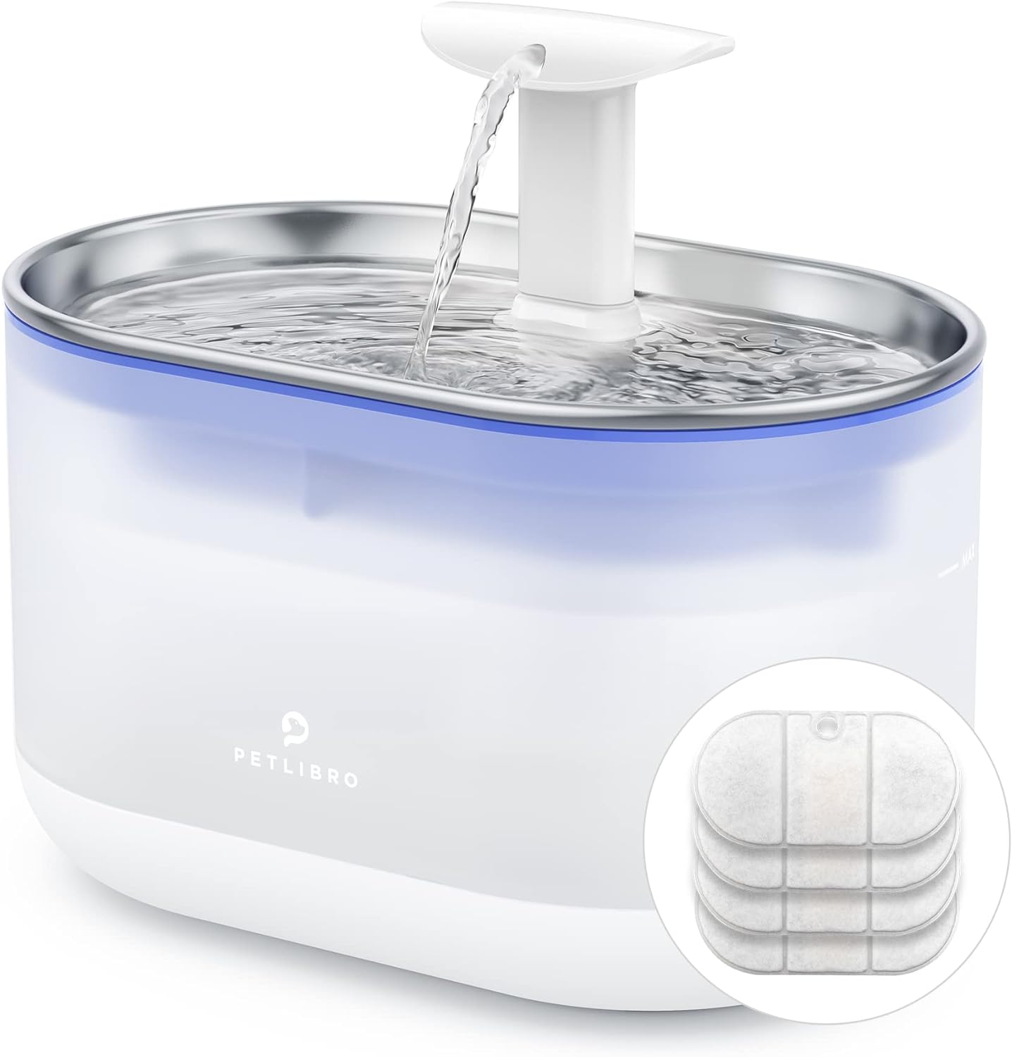 PETLIBRO Ultra Quiet Pet Water Fountain 2.1L, Stainless Steel Top Cat Fountain with Two Flow Modes, BPA-Free Capsule Water Fountain, Visible Water Level with 4 Large Filters