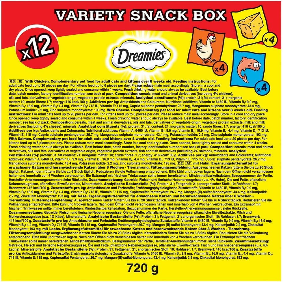 Dreamies Cat Treats Variety Pack, snacks with chicken, salmon flavour and cheese, Pack of 12 (12 x 60 g)