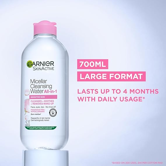 Garnier Micellar Cleansing Water, Gentle face Cleanser & Makeup Remover, Fragrance-Free, Vegan Formula, Suitable For All Skin Types, Even Sensitive, Skin Active, 700ml