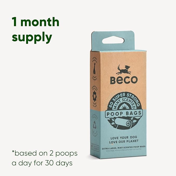 Beco Strong & Large Poop Bags - 60 Bags (4 Rolls of 15) - Mint Scented - Dispenser Compatible Dog Poo Bags
