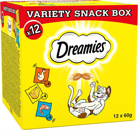 Dreamies Cat Treats Variety Pack, snacks with chicken, salmon flavour and cheese, Pack of 12 (12 x 60 g)