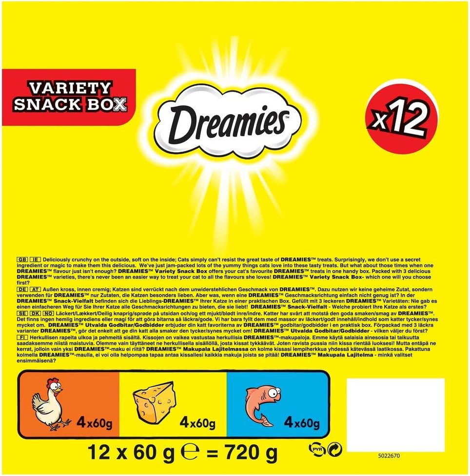 Dreamies Cat Treats Variety Pack, snacks with chicken, salmon flavour and cheese, Pack of 12 (12 x 60 g)