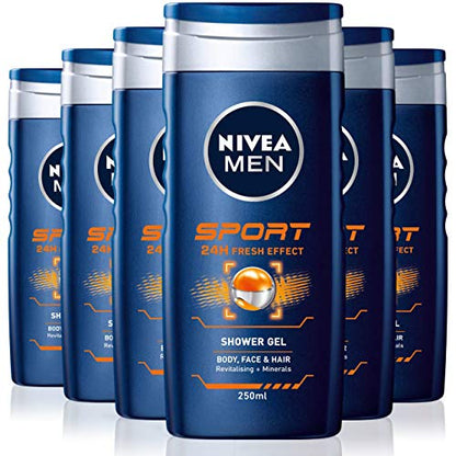 NIVEA MEN Sport Shower Gel Pack of 6 (6 x 250 ml), Anti - Bacterial Body Wash with Lime Scent, All - in - 1 Shower Gel for Men, Strong NIVEA MEN Shower Gel