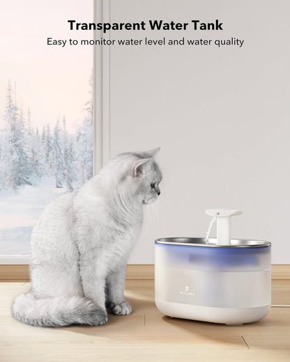 PETLIBRO Ultra Quiet Pet Water Fountain 2.1L, Stainless Steel Top Cat Fountain with Two Flow Modes, BPA-Free Capsule Water Fountain, Visible Water Level with 4 Large Filters