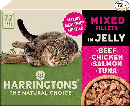 Harringtons Complete Wet Pouch Grain Free Hypoallergenic Adult Cat Food Mixed in Jelly Pack 72x85g - Beef, Chicken, Salmon & Tuna- Making Mealtimes Meatier