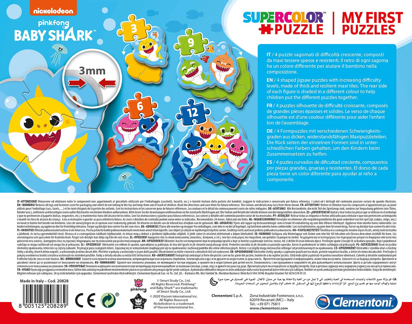 Clementoni 20828, Baby Shark My First Puzzle for Children, 3+6+9+12 Pieces, Ages 2 Years Plus, Multi-coloured, 21 x 7.2 x 26.5 centimetres