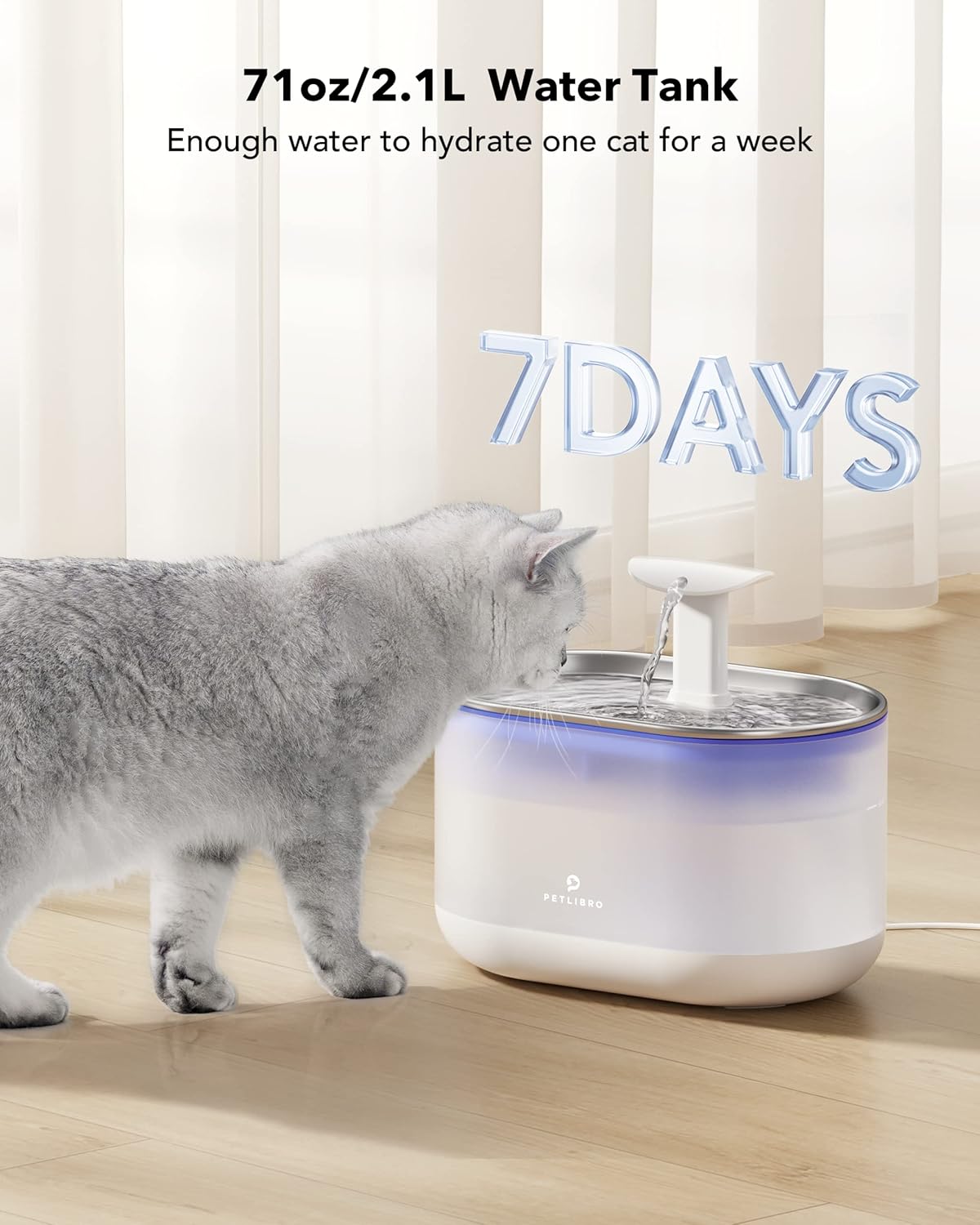 PETLIBRO Ultra Quiet Pet Water Fountain 2.1L, Stainless Steel Top Cat Fountain with Two Flow Modes, BPA-Free Capsule Water Fountain, Visible Water Level with 4 Large Filters